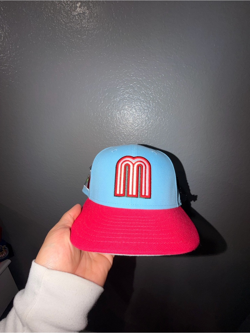 New Era Two-Tone Light Blue and Pink Baseball Cap with Embroidered M